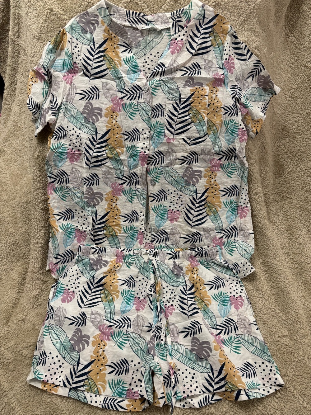 Tropical Leaf Print Short Set - White Base with Mint, Mustard & Navy